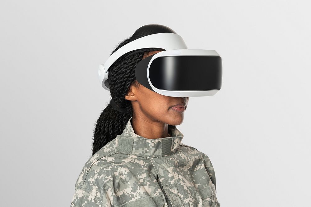 Female military wearing virtual reality headset army technology