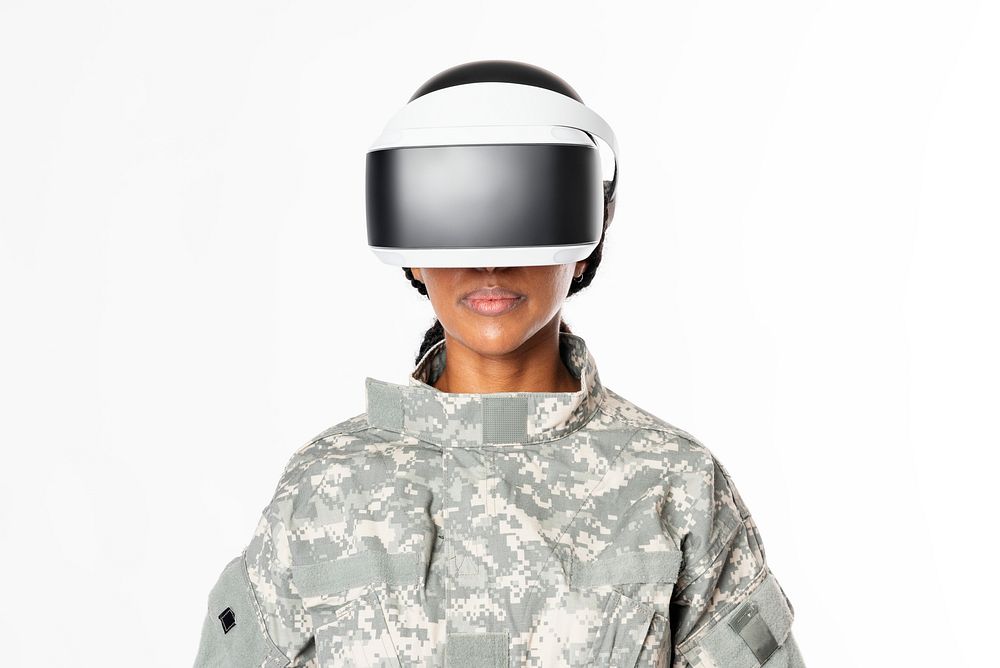 Female military wearing VR headset army technology