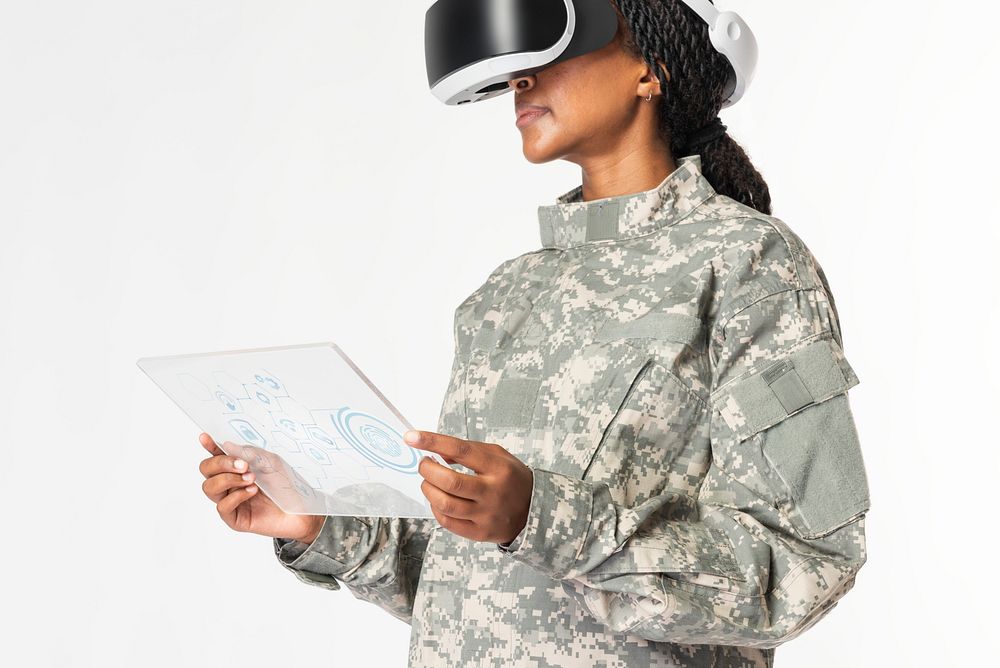 Female military using transparent tablet mockup with VR headset