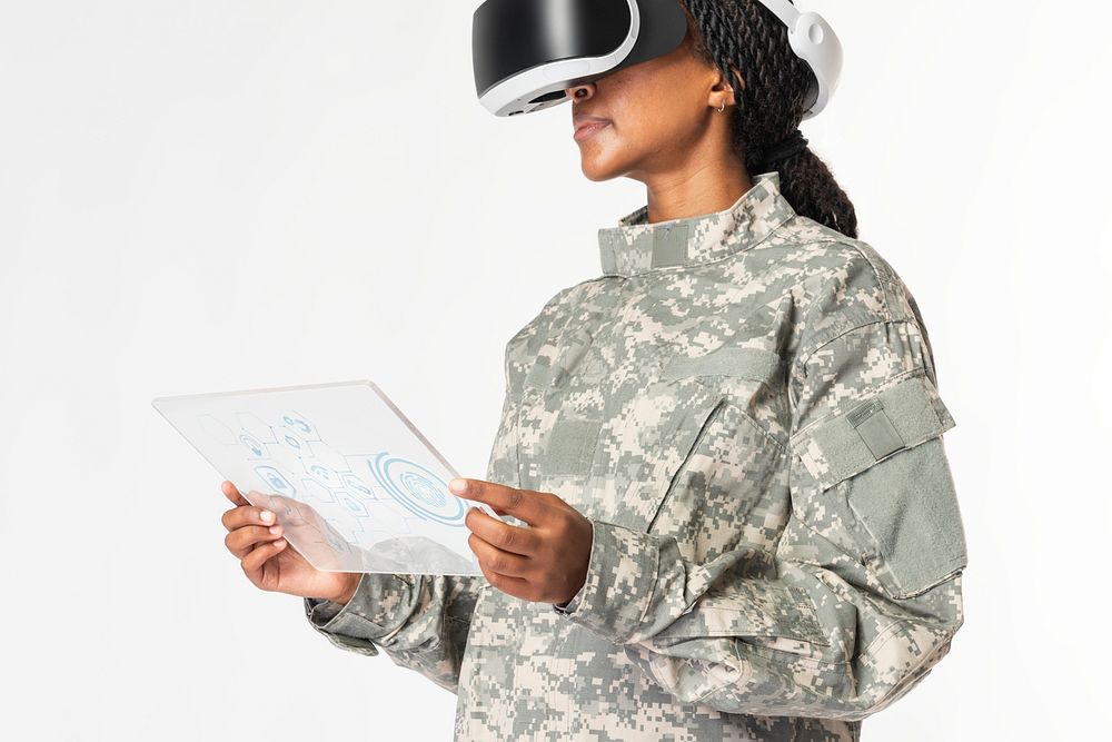 Military woman wearing VR headset with transparent tablet psd mockup