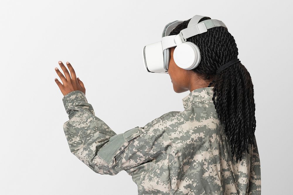 Military woman wearing VR headset touching virtual screen psd mockup