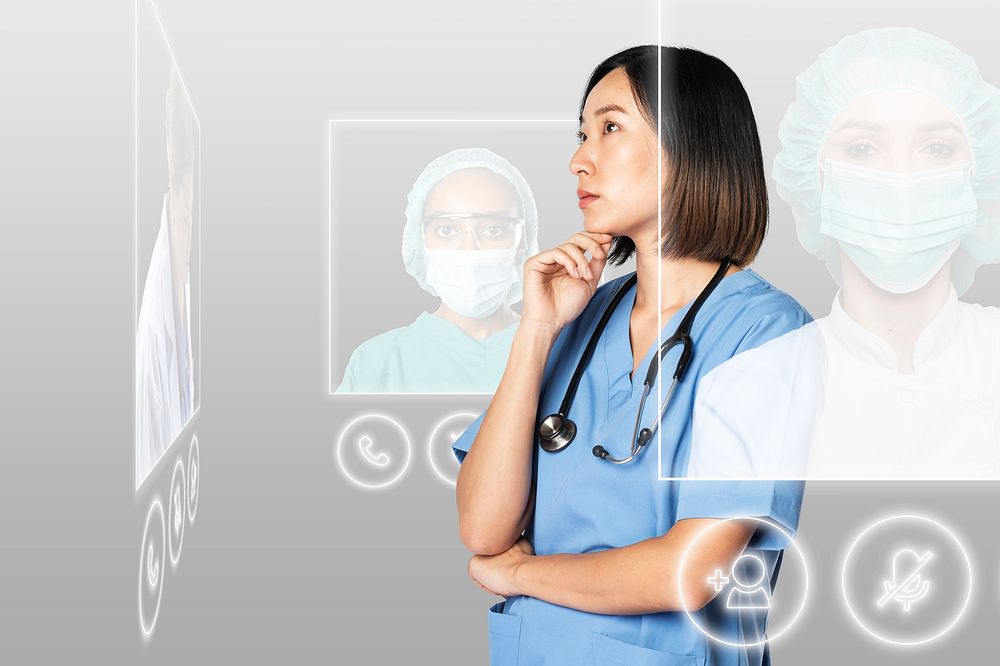 Doctor psd mockup in medical uniform working in virtual screen