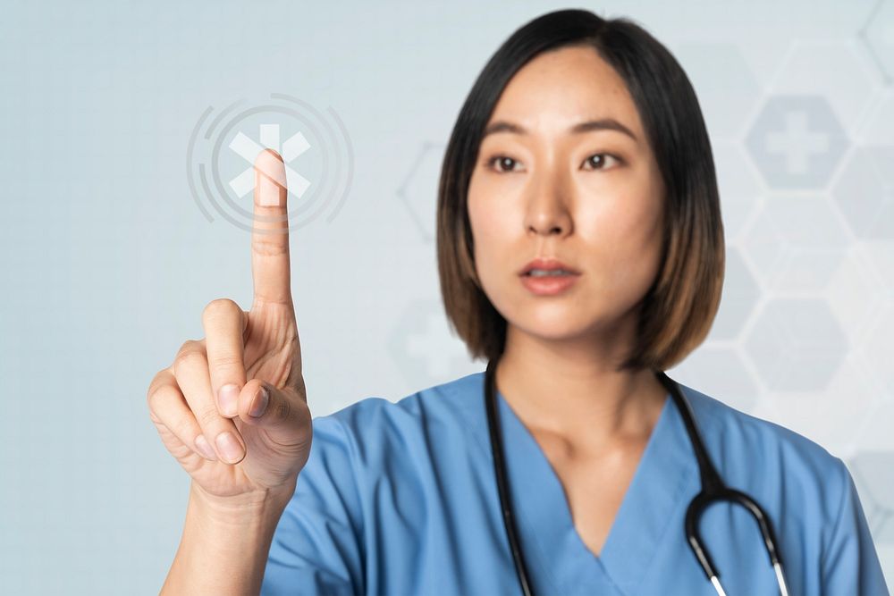 Doctor psd mockup in medical uniform working in virtual screen