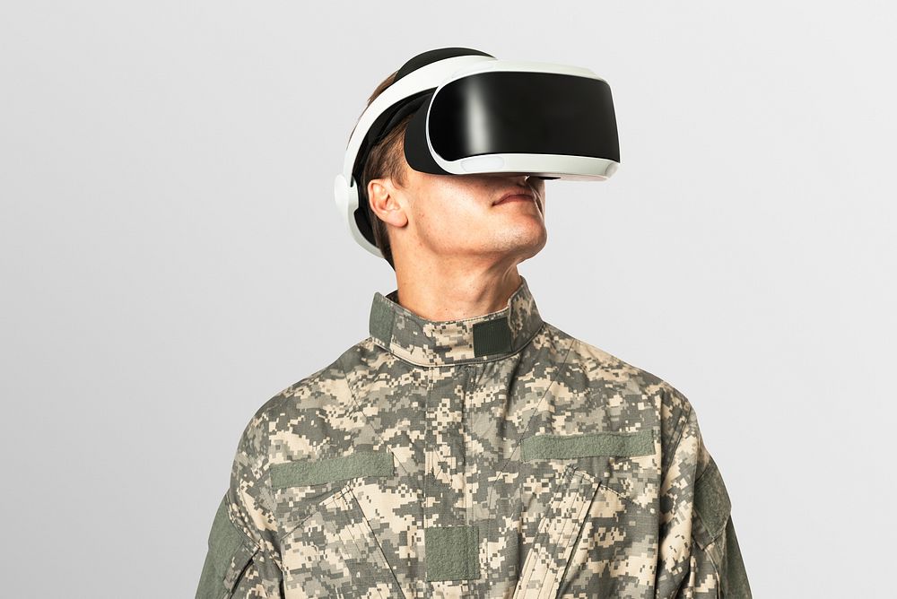 Soldier wearing VR headset psd mockup for simulation training military technology