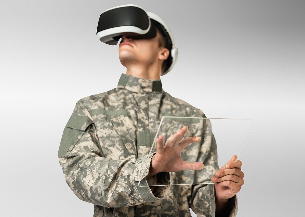 Military using transparent tablet mockup psd with VR headset