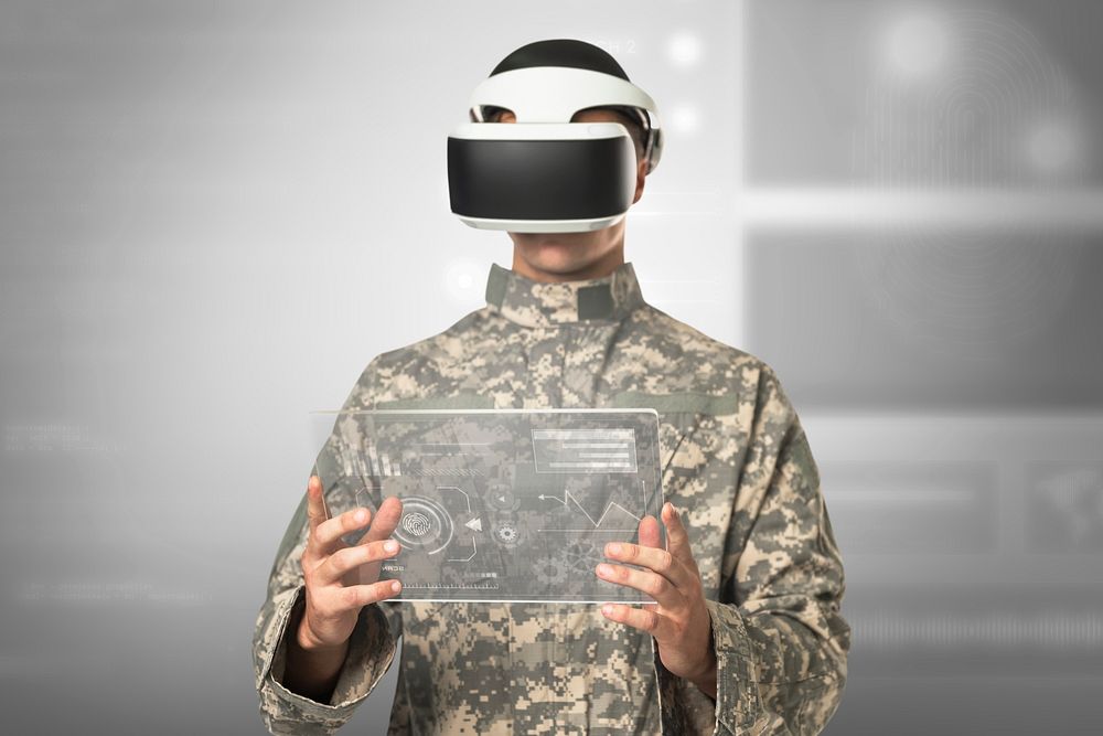 Military using transparent tablet mockup psd with VR headset simulation training military technology