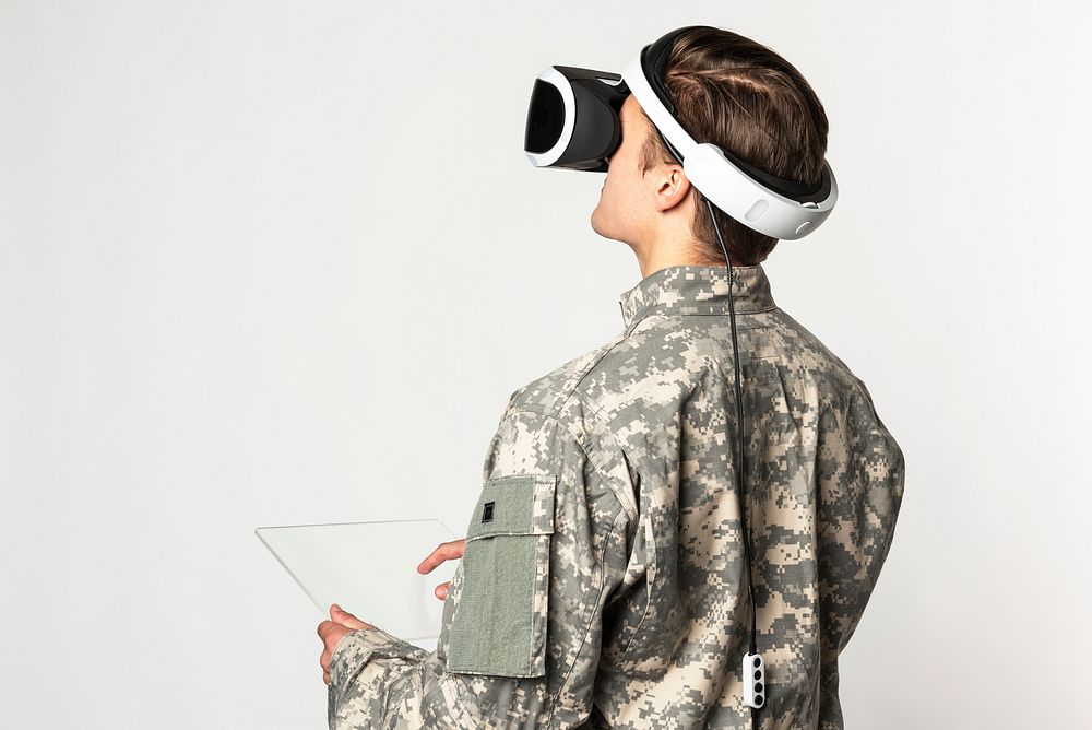 Soldier in VR headset for simulation training military technology