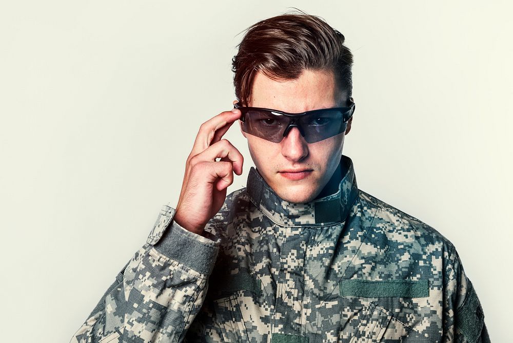 Military man wearing AR glasses futuristic technology