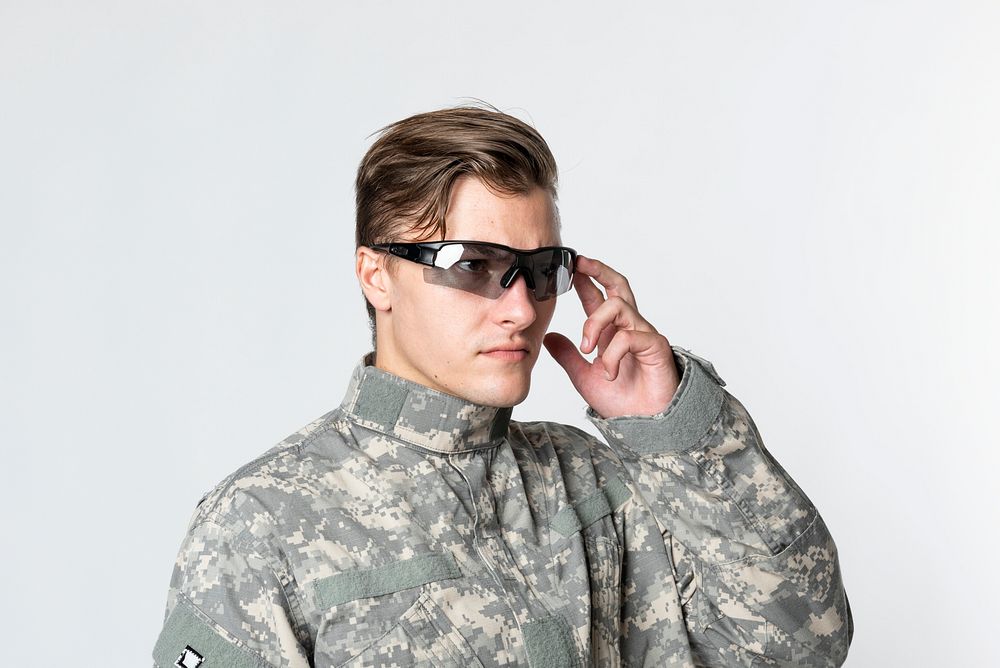 Military man wearing AR smart glasses futuristic technology