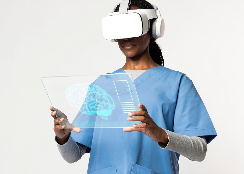 Doctor in VR glasses with medical uniform working on transparent tablet