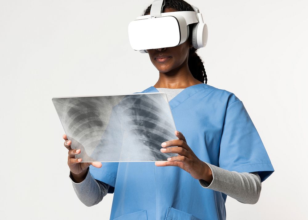 Doctor in VR glasses mockup with medical uniform reading x-ray film psd mockup