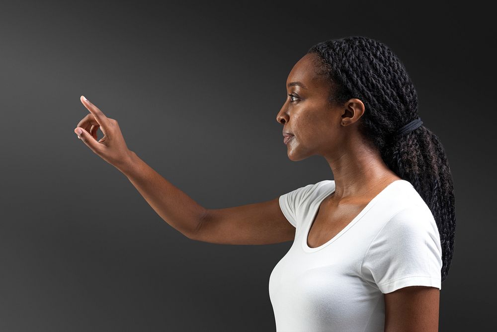 Woman touching virtual screen futuristic social media cover