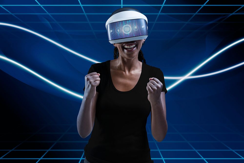 Woman experiencing metaverse, VR headset psd mockup cheering with excitement