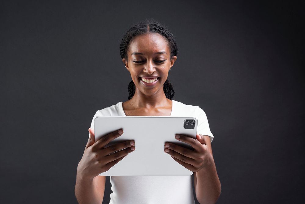 African American woman using virtual screen smart technology
