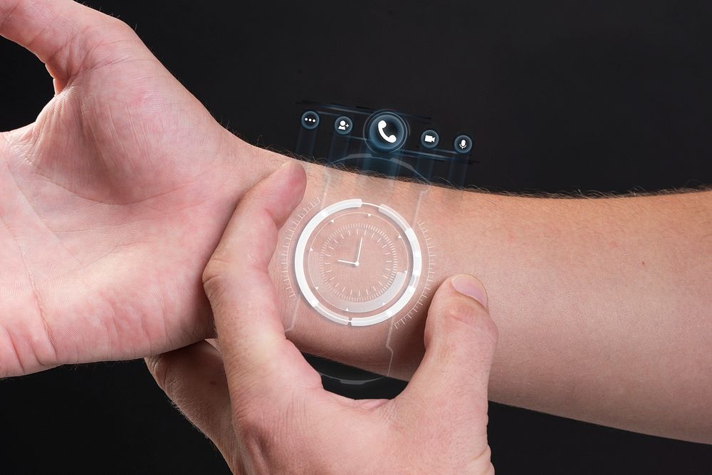 Hand psd mockup with microchip watch futuristic technology