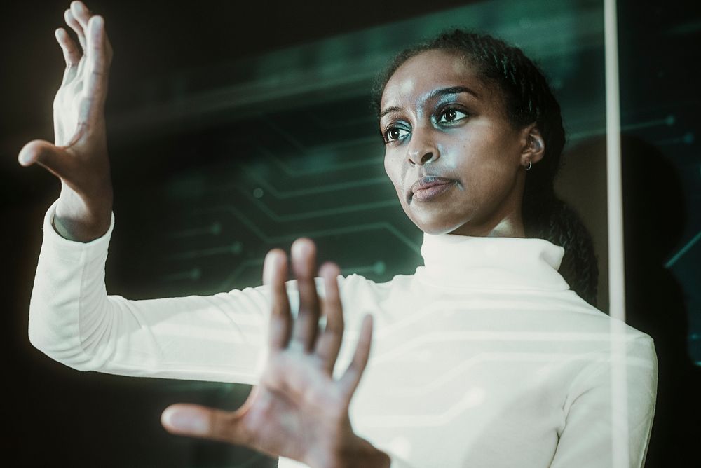 Woman touching virtual screen futuristic social media cover