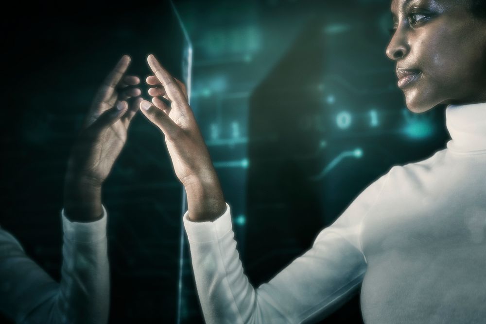 Woman touching virtual interface screen smart technology