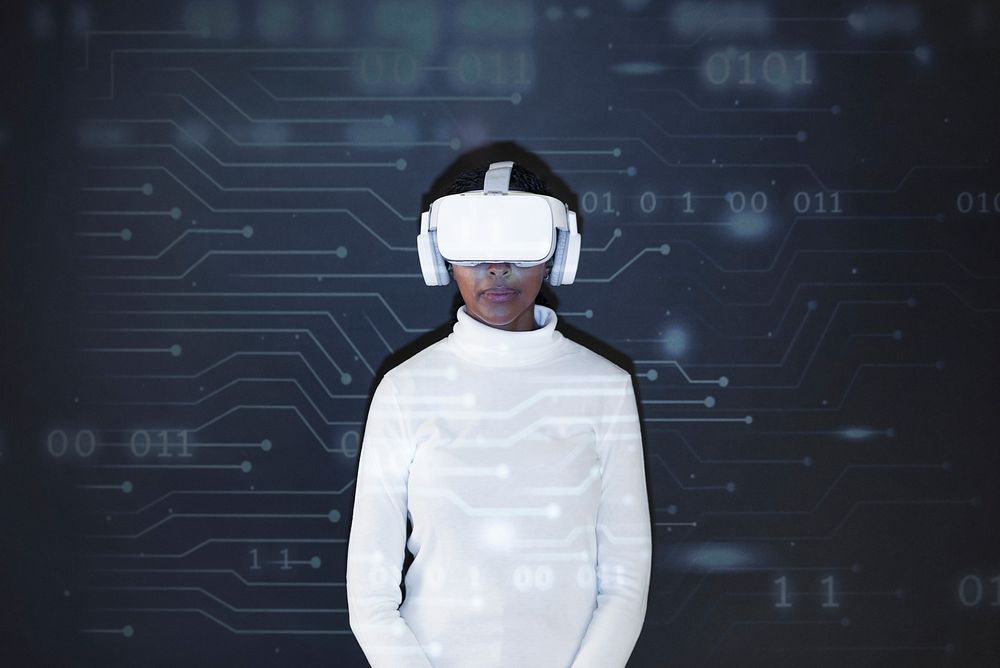 African American woman in virtual reality glasses smart technology