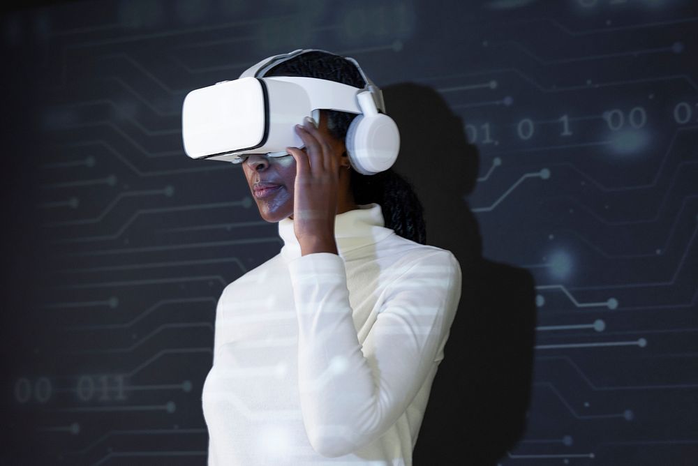 African American woman with virtual reality glasses smart technology