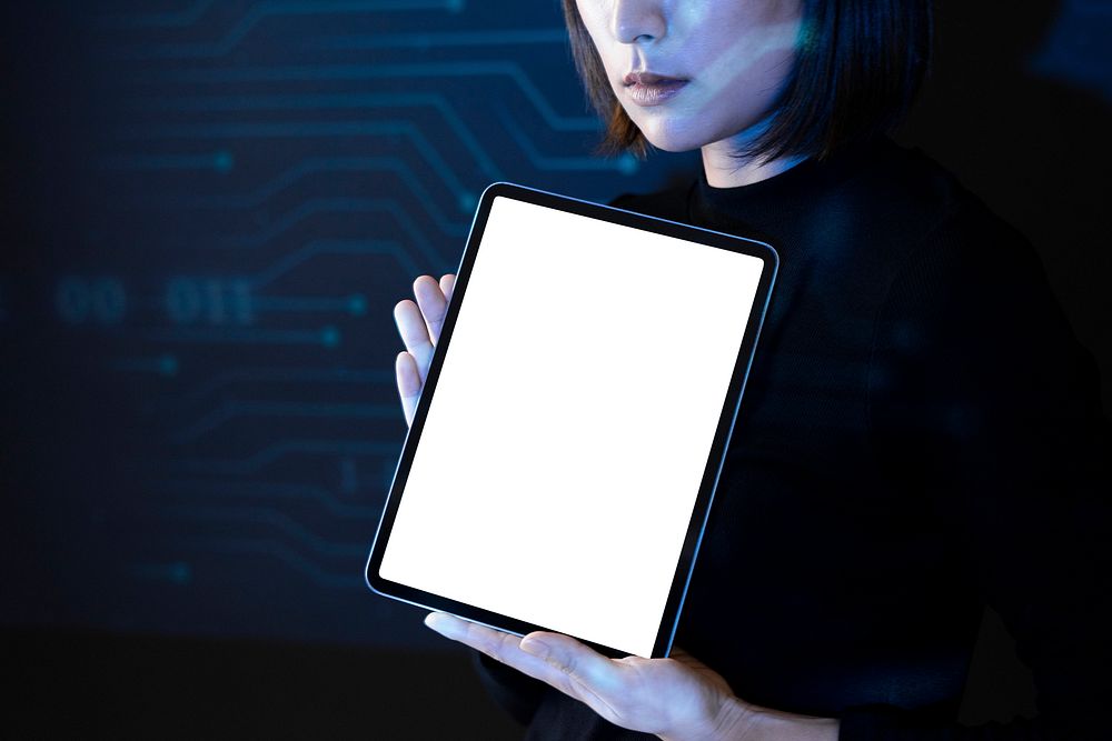 Woman showing psd tablet screen mockup innovative future technology