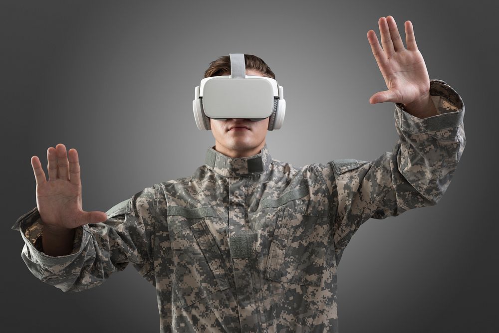 Soldier in VR headset virtual simulation training mockup psd army technology