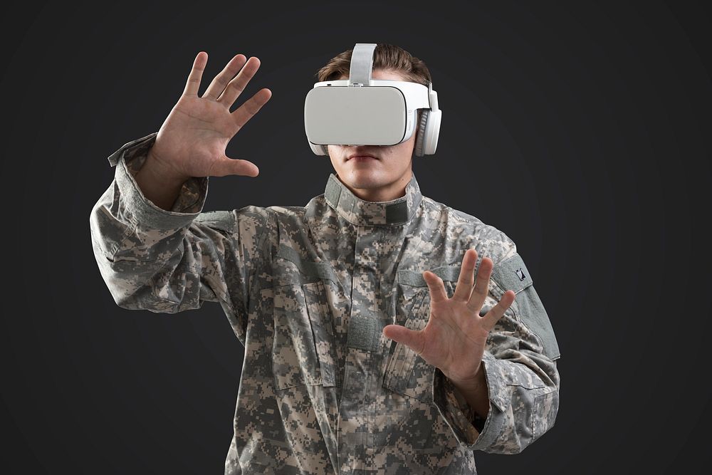 Soldier wearing VR headset in simulation training 
