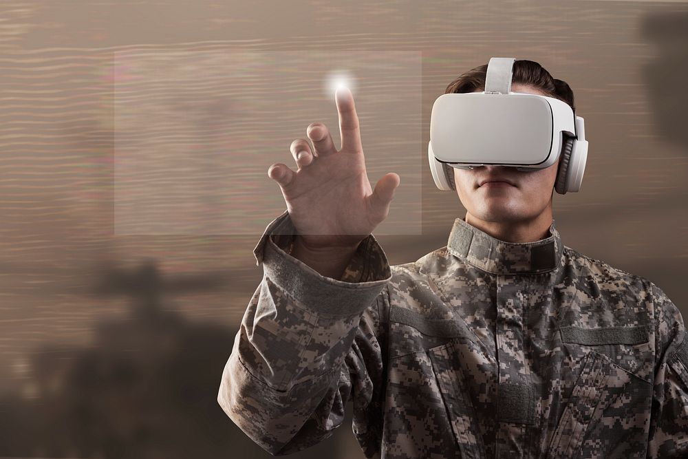 Soldier experiencing metaverse, VR headset touching virtual screen