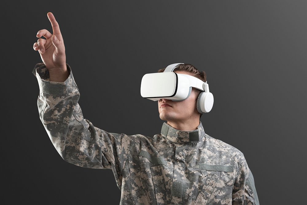 Military in VR headset psd mockup touching virtual screen
