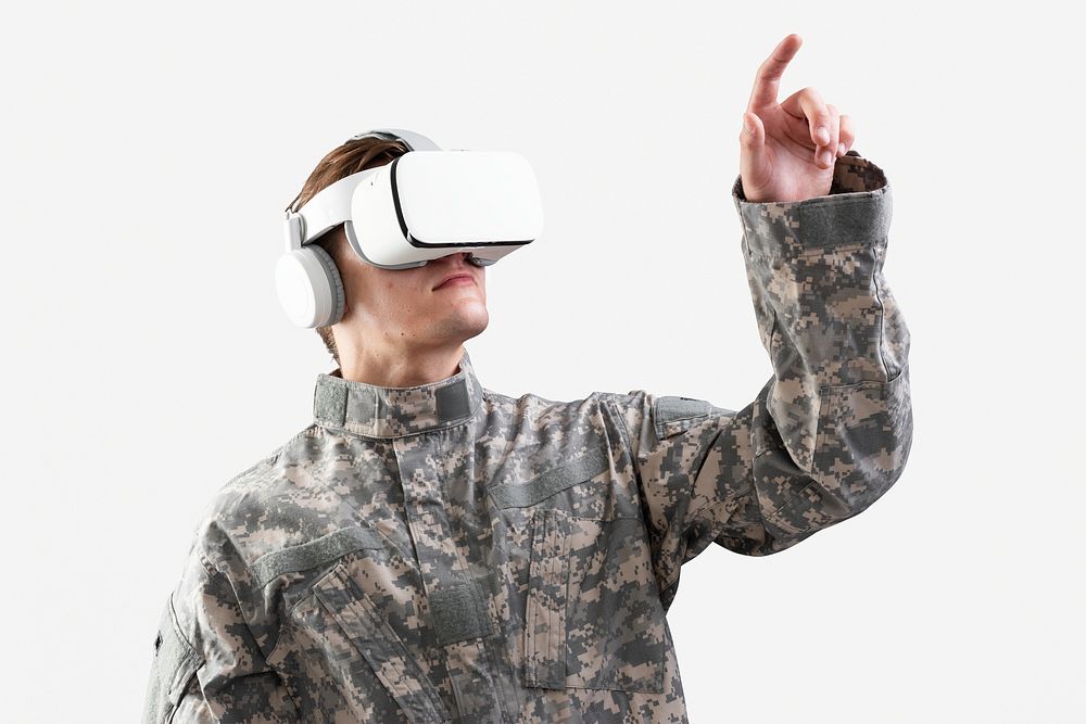 Soldier in VR headset mock up psd touching virtual screen