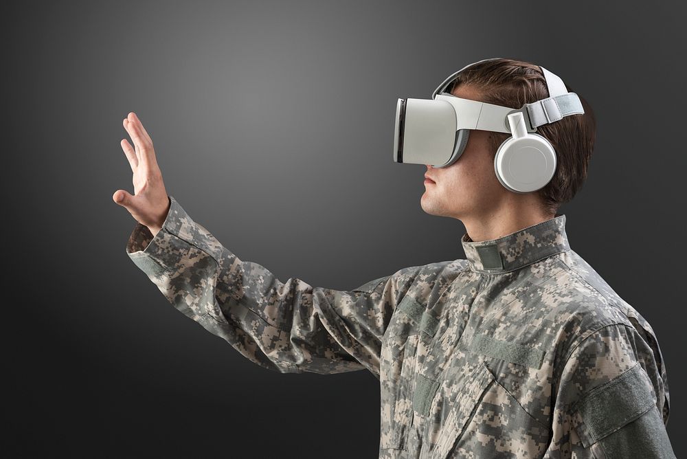 Military in VR headset psd mockup touching virtual screen