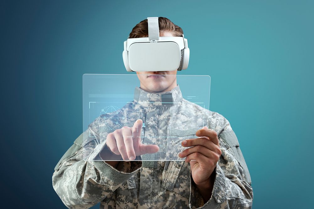 Military using transparent tablet mockup psd with VR headset blue background