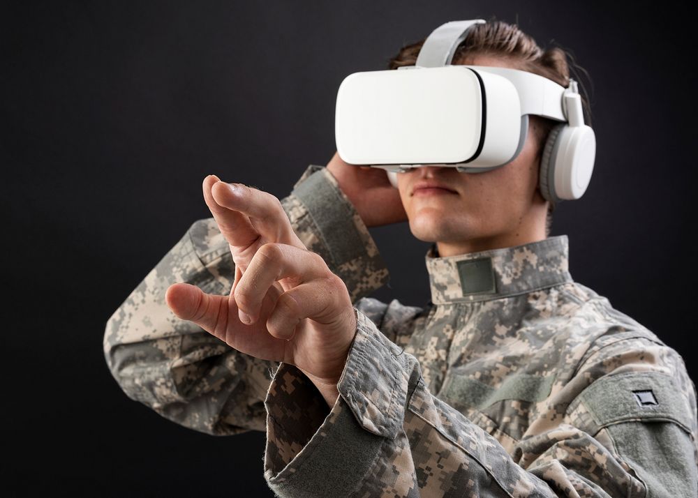 Soldier in VR headset mock up psd touching virtual screen