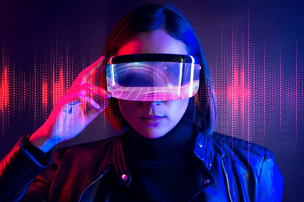 Woman experiencing metaverse, with smart glasses futuristic technology
