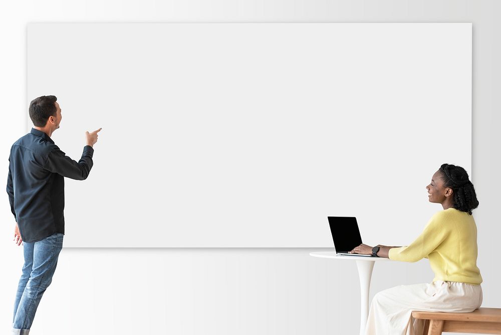 Blank projecting screen with colleagues in a meeting smart technology