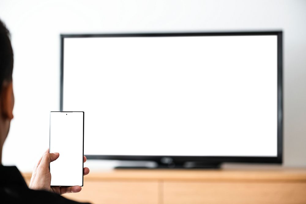 Smart TV screen mockup psd controlling by phone