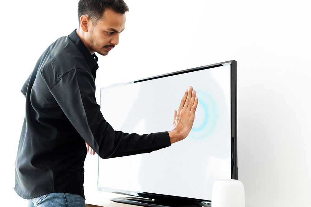 Smart TV screen mockup psd with palm detection security technology