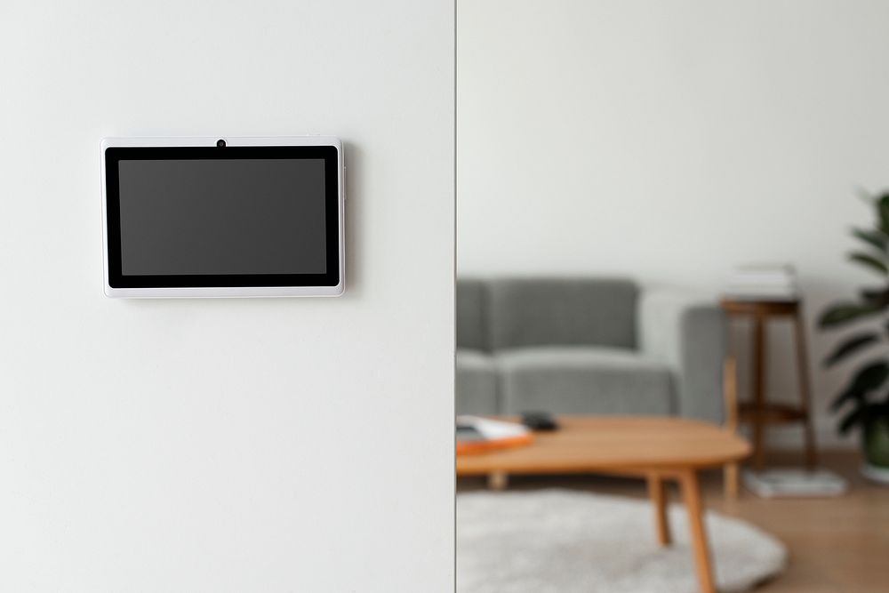 Home automation panel monitor mockup psd on a wall