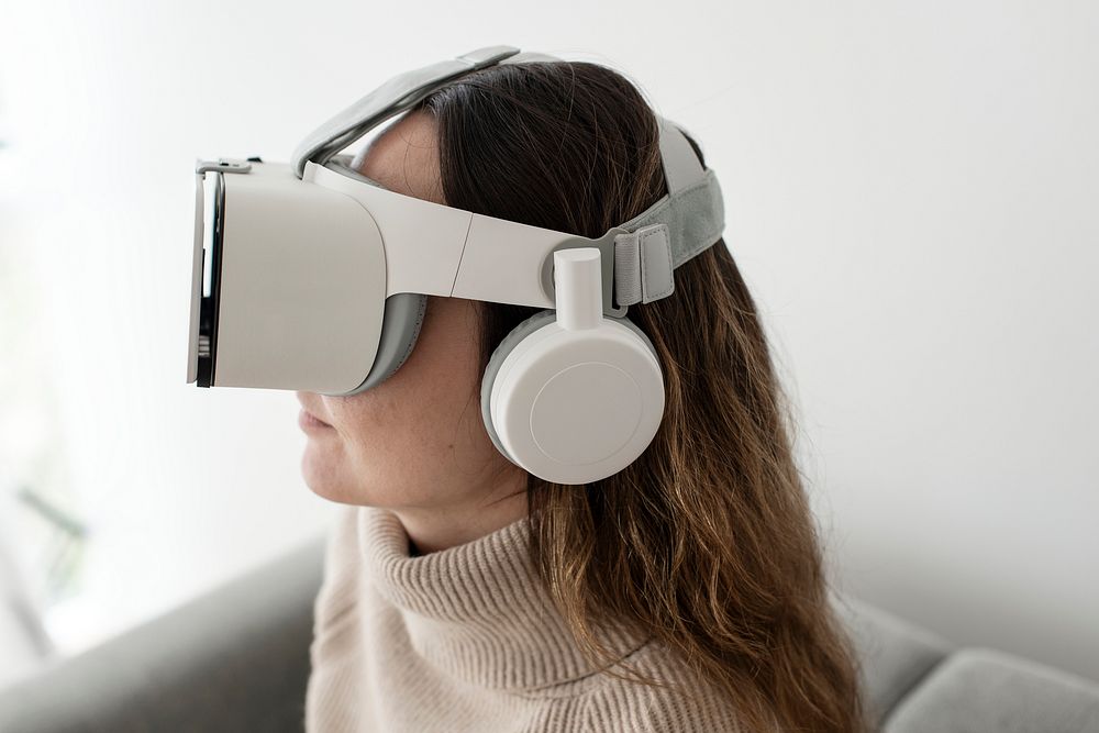 Woman with VR headset mockup psd entertainment technology