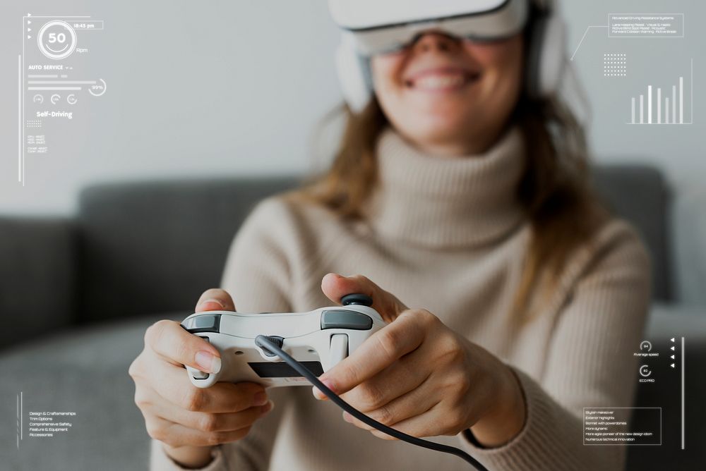 Woman in VR headset playing game