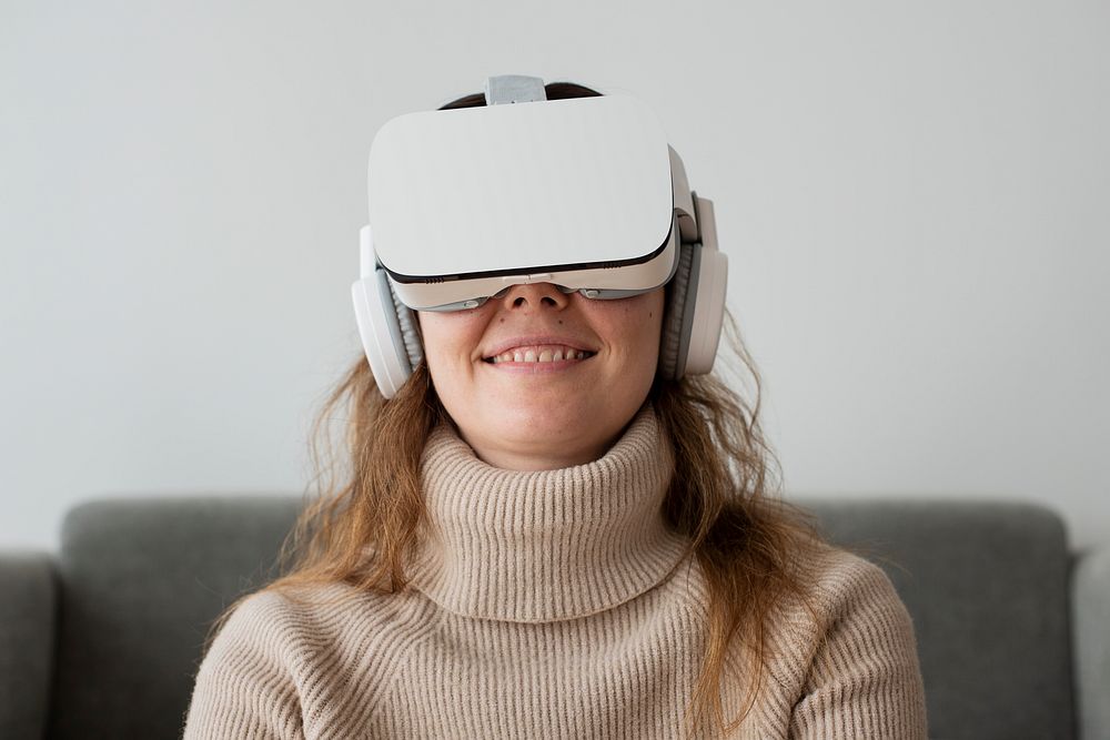 Woman experiencing VR simulation entertainment technology