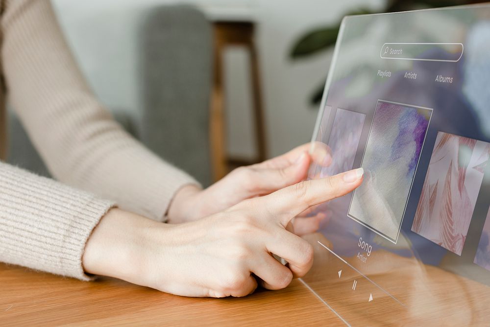 Transparent tablet screen mockup psd with woman innovative technology