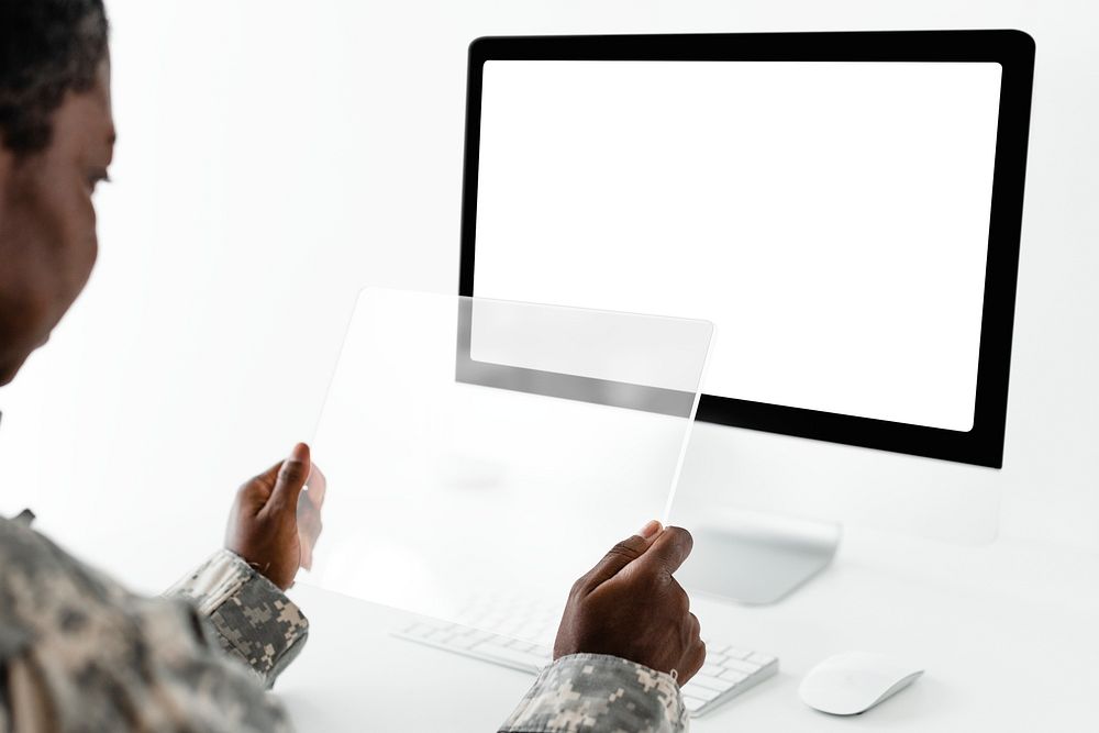 Transparent tablet mockup psd military technology