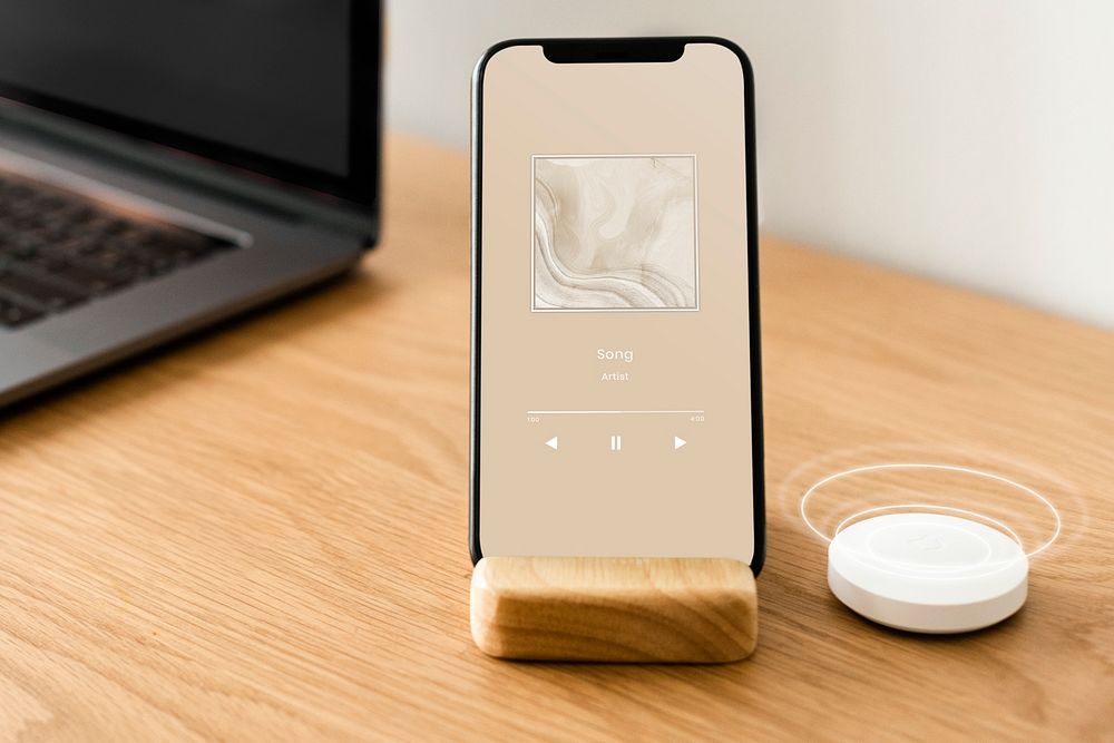 Phone screen mockup psd with smart speaker innovative future technology