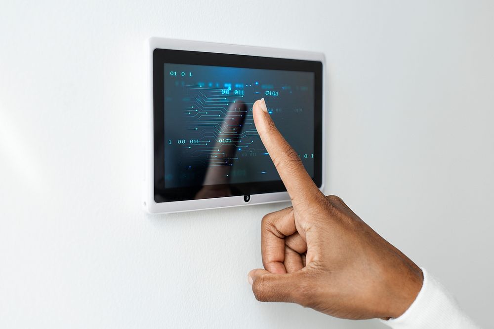 Home automation panel monitor mockup psd on a wall