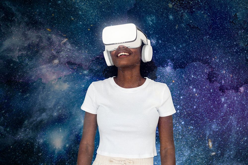 Woman with VR headset mockup psd entertainment technology