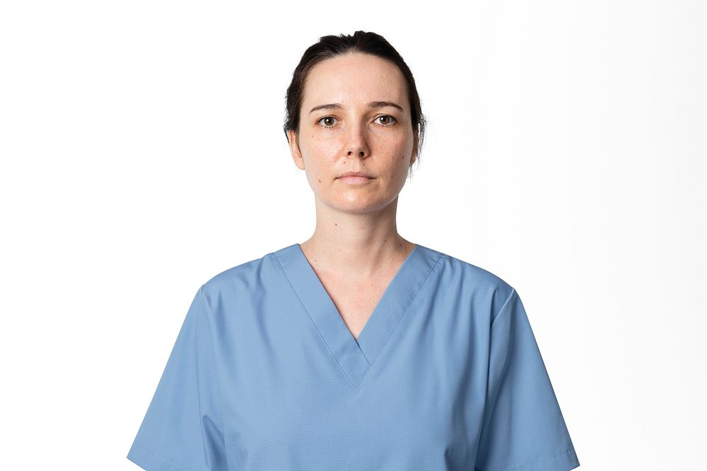 Female doctor mockup psd in blue gown portrait