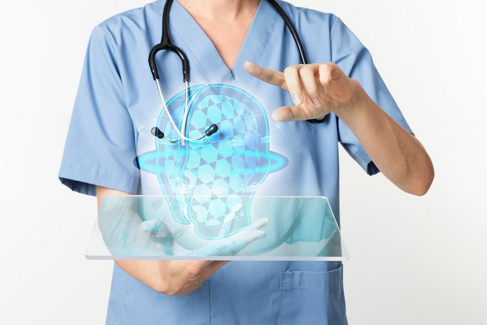 Transparent tablet mockup psd with hologram medical technology