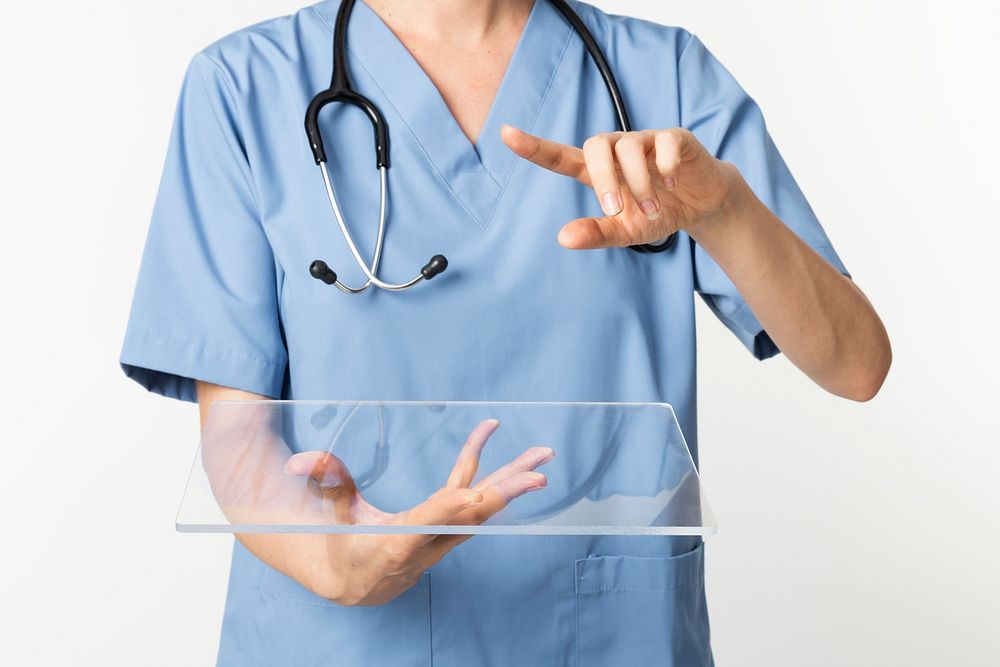 Transparent tablet mockup psd with hologram medical technology