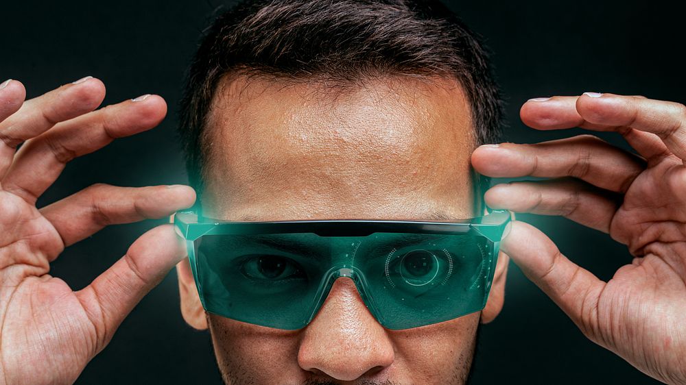 Man with smart glasses mockup psd futuristic technology