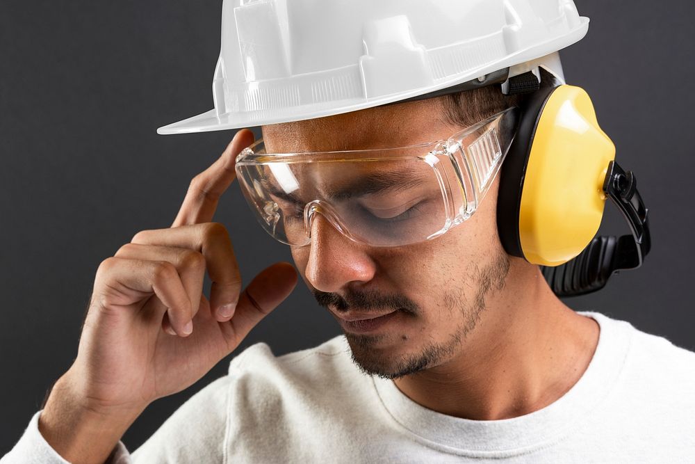 Civil engineer mockup psd with hard hat and earmuff